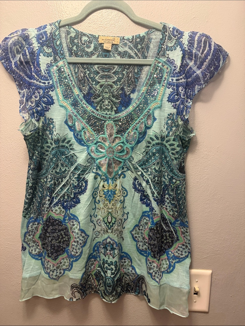 ONE WORLD Aqua and Navy Paisley Embellished Scoop-Neck Top